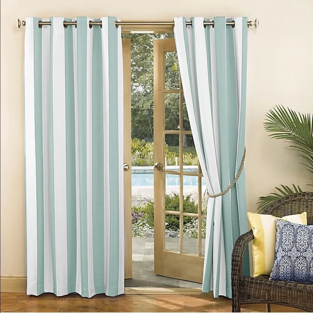 X2 Sun Zero Soft Teal Stripe 95” Indoor/Outdoor Curtain Panel NWT $54.99 each
